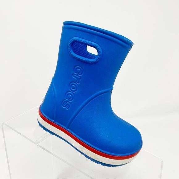 Crocs Unisex Child Kids Light Blue Rain Boots Size C6 Red and White Striped - Picture 1 of 13